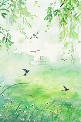 春天春暖花开柳树燕子草丛春游踏青立春惊蛰春分水彩插画背景 春天春暖花开柳树燕子草丛春游踏青立春惊蛰春分水彩插画背景