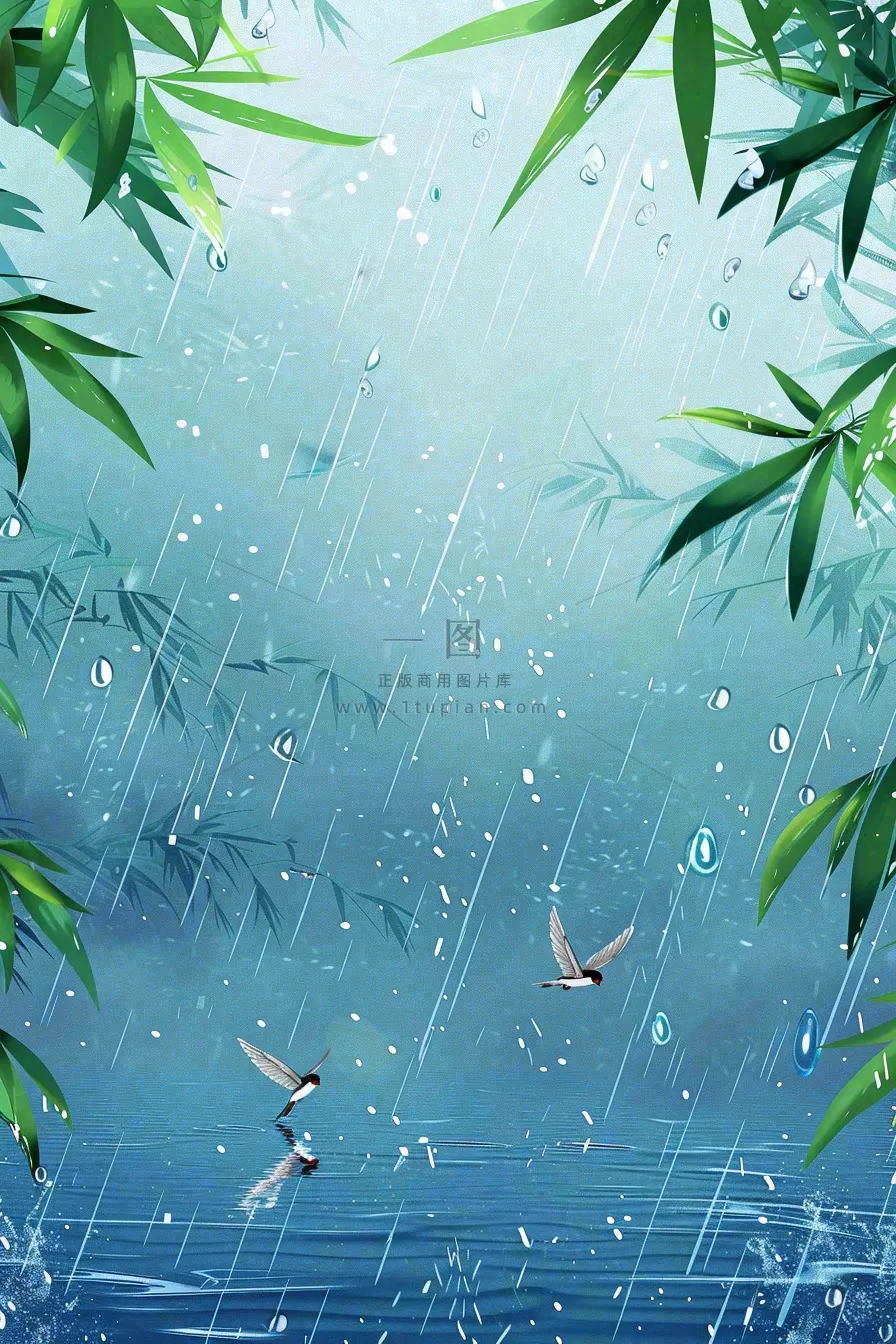 春天大雨磅礴绿叶植物燕子雨滴敲打水面雨水谷雨卡通插画背景
