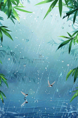 春天大雨磅礴绿叶植物燕子雨滴敲打水面雨水谷雨卡通插画背景 春天大雨磅礴绿叶植物燕子雨滴敲打水面雨水谷雨卡通插画背景
