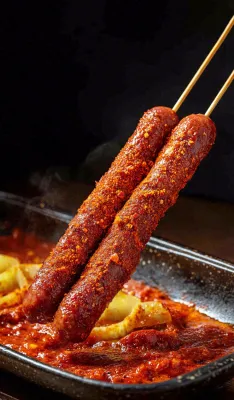 烤火腿肠煎辣椒面香辣美食小吃摄影图