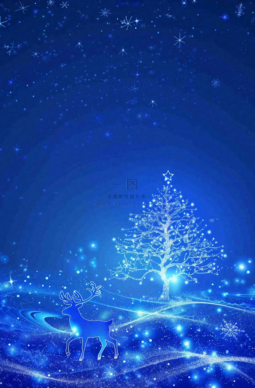 夜晚蓝色星空月亮麋鹿圣诞树平安夜圣诞节梦幻插画背景