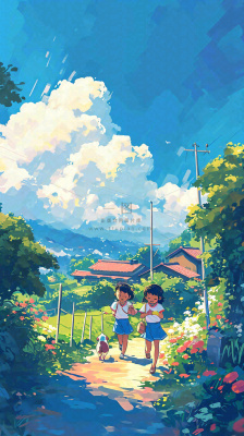 清新蓝天白云儿童路边行走手绘插画,花丛草地植物 清新蓝天白云儿童路边行走手绘插画,花丛草地植物