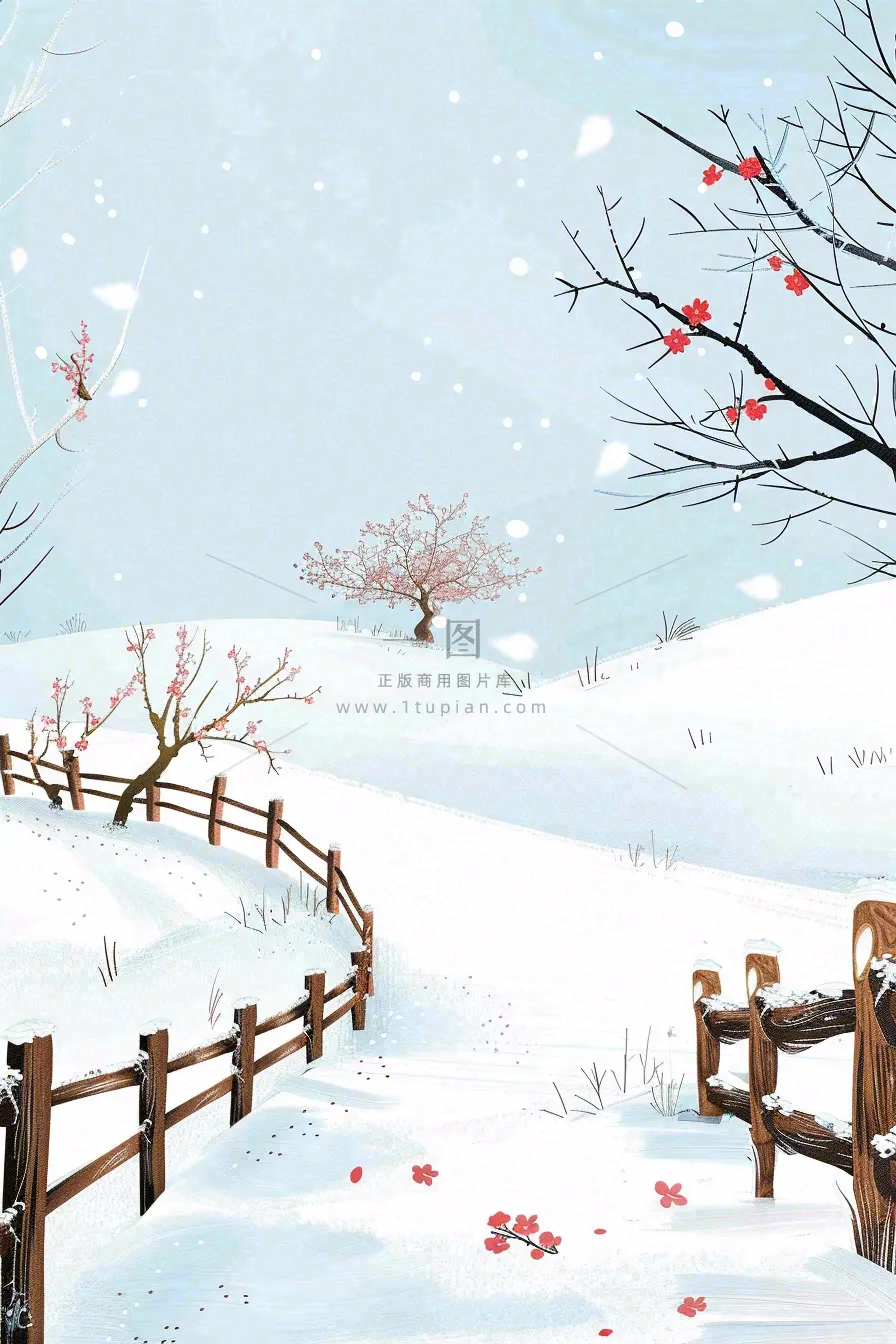 冬天白雪覆盖寒冷唯美雪景小寒插画背景