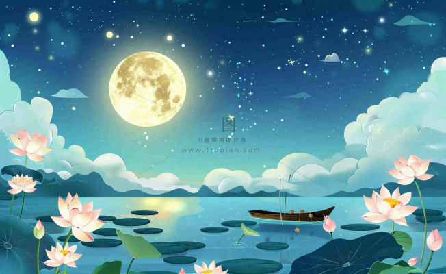 中秋夜晚赏月荷花山水河流中的帆船舟月亮倒映水面中元节寒露插画背景 中秋夜晚赏月荷花山水河流中的帆船舟月亮倒映水面中元节寒露插画背景