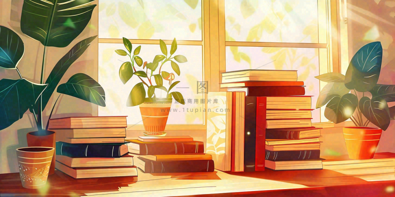 世界读书日窗前书桌书本绿植卡通插画背景 世界读书日窗前书桌书本绿植卡通插画背景