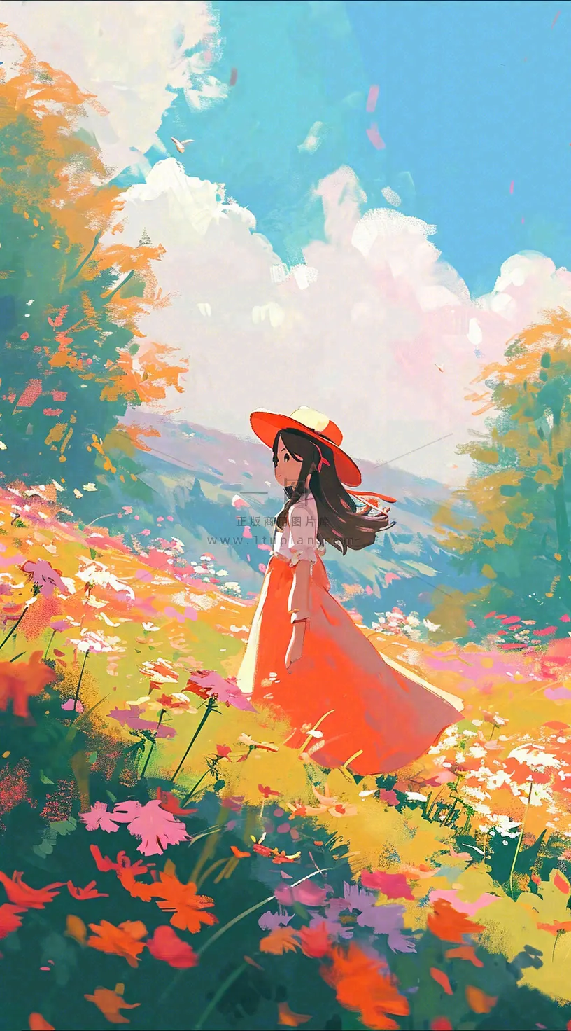 油画女孩春天踏青郊游山脉鲜花草地，春分，插画手绘