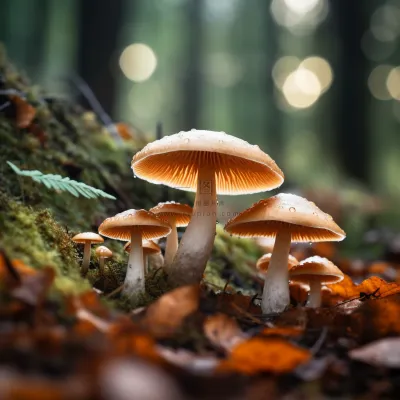 秋季森林蘑菇枯叶树枝摄影图