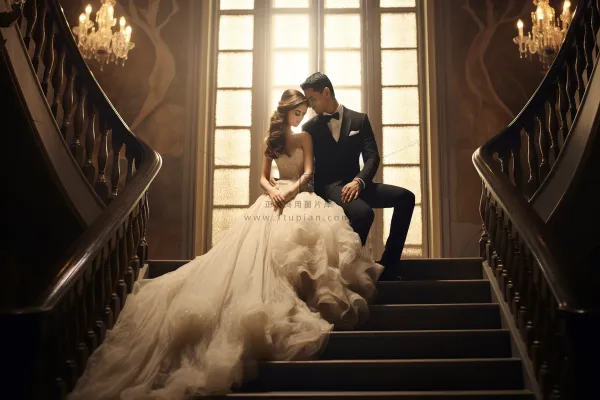 婚纱西装的新婚夫妇婚纱照教堂摄影图