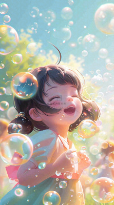 春天夏天女孩草地玩耍，阳光白云气泡可爱插画