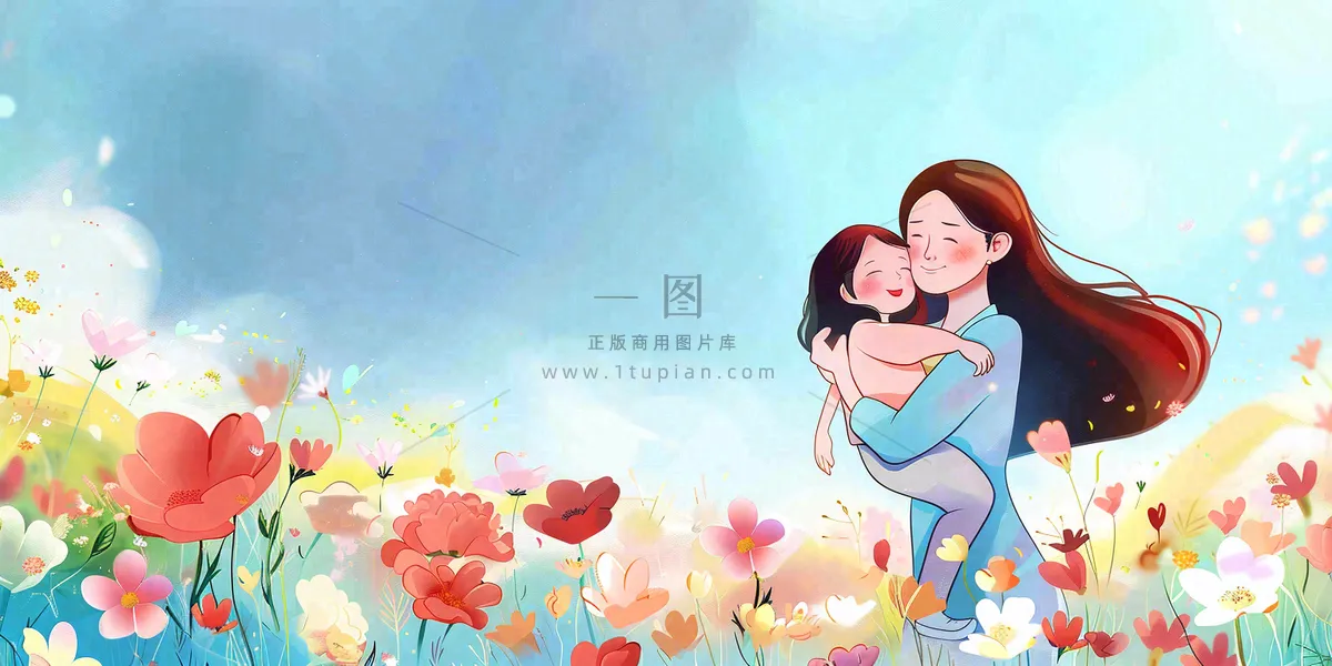 母亲节妈妈亲情抱着孩子鲜花光辉插画背景