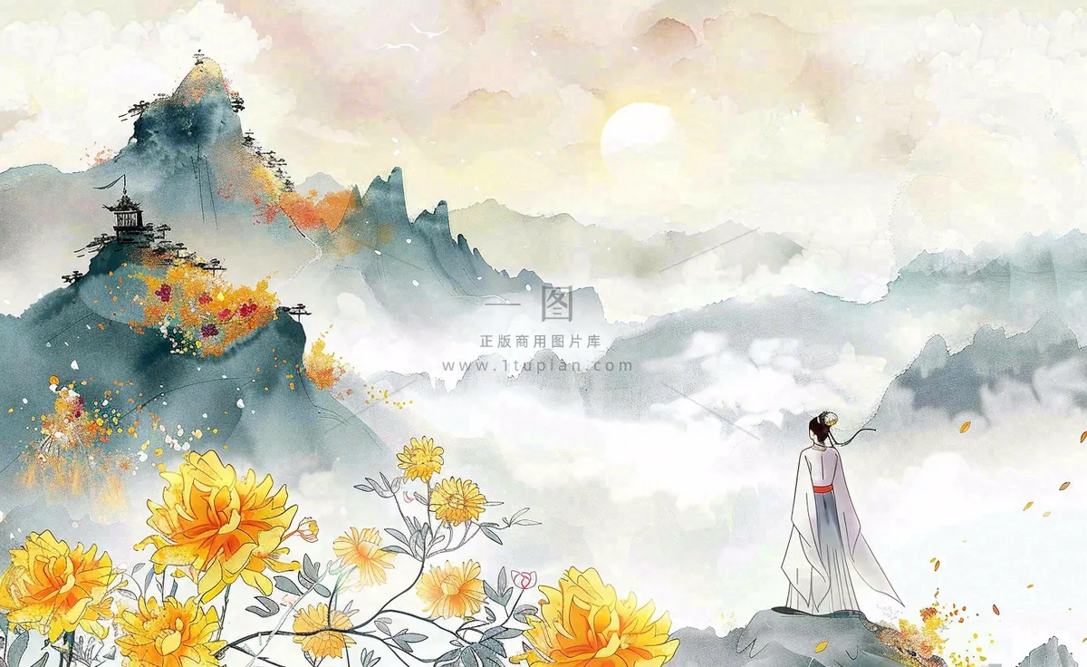 秋天古风水墨画山川菊花古风人物清明节重阳节插画背景