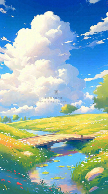 春天草坪河流小溪蓝天白云清新阳光手绘插画，立春春分