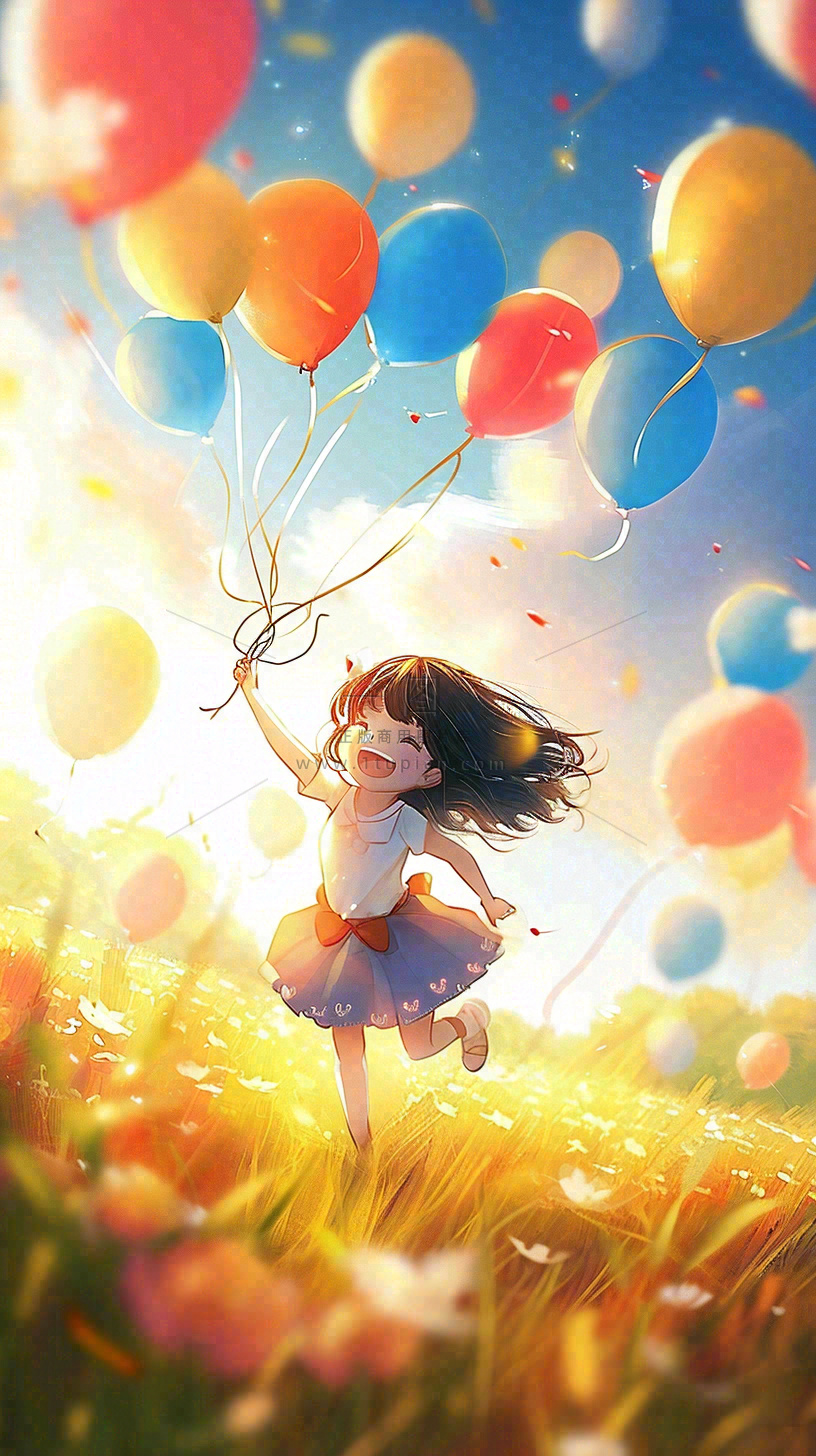 一个可爱的小女孩手里牵着彩色气球在草地上奔跑夏天,儿童节