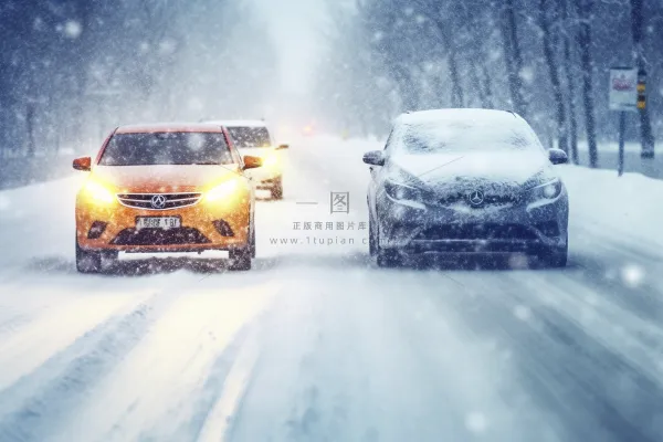 下雪天道路行驶的汽车大雪摄影图