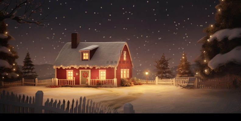 冬天夜晚森林里的房子被白雪覆盖卡通插画背景