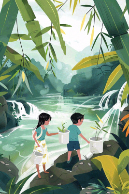 夏天孩子们在森林丛林小溪玩水嬉水处暑夏至卡通插画背景 夏天孩子们在森林丛林小溪玩水嬉水处暑夏至卡通插画背景