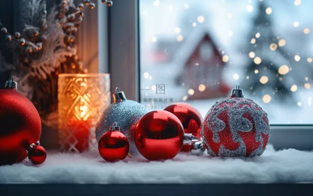 圣诞装饰喜庆礼物红色窗外下雪摄影图