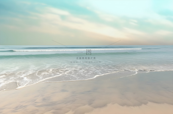 波涛汹涌的海岸倒映在沙滩上，浅青色和浅米色的风格，充满活力的舞台背景，宾得645n，迷人摄影图