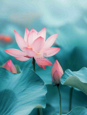 夏天池塘荷花荷叶蓝色唯美处暑大暑小暑摄影图