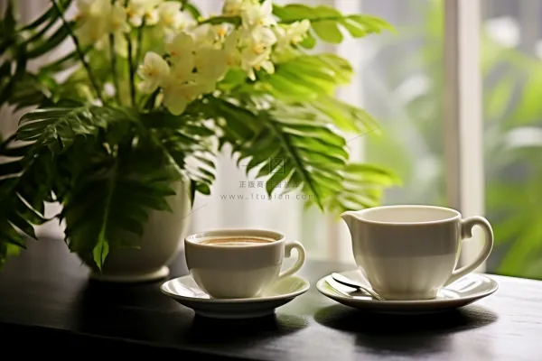 餐桌上的咖啡杯下午茶绿植阳光光影摄影图