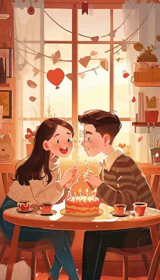 情人节情侣浪漫圣诞节日温馨生日会,插画手绘,居家餐厅美食 情人节情侣浪漫圣诞节日温馨生日会,插画手绘,居家餐厅美食