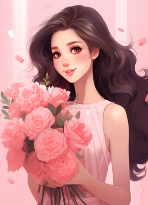 美丽少女抱着大捧粉色鲜花卡通插画