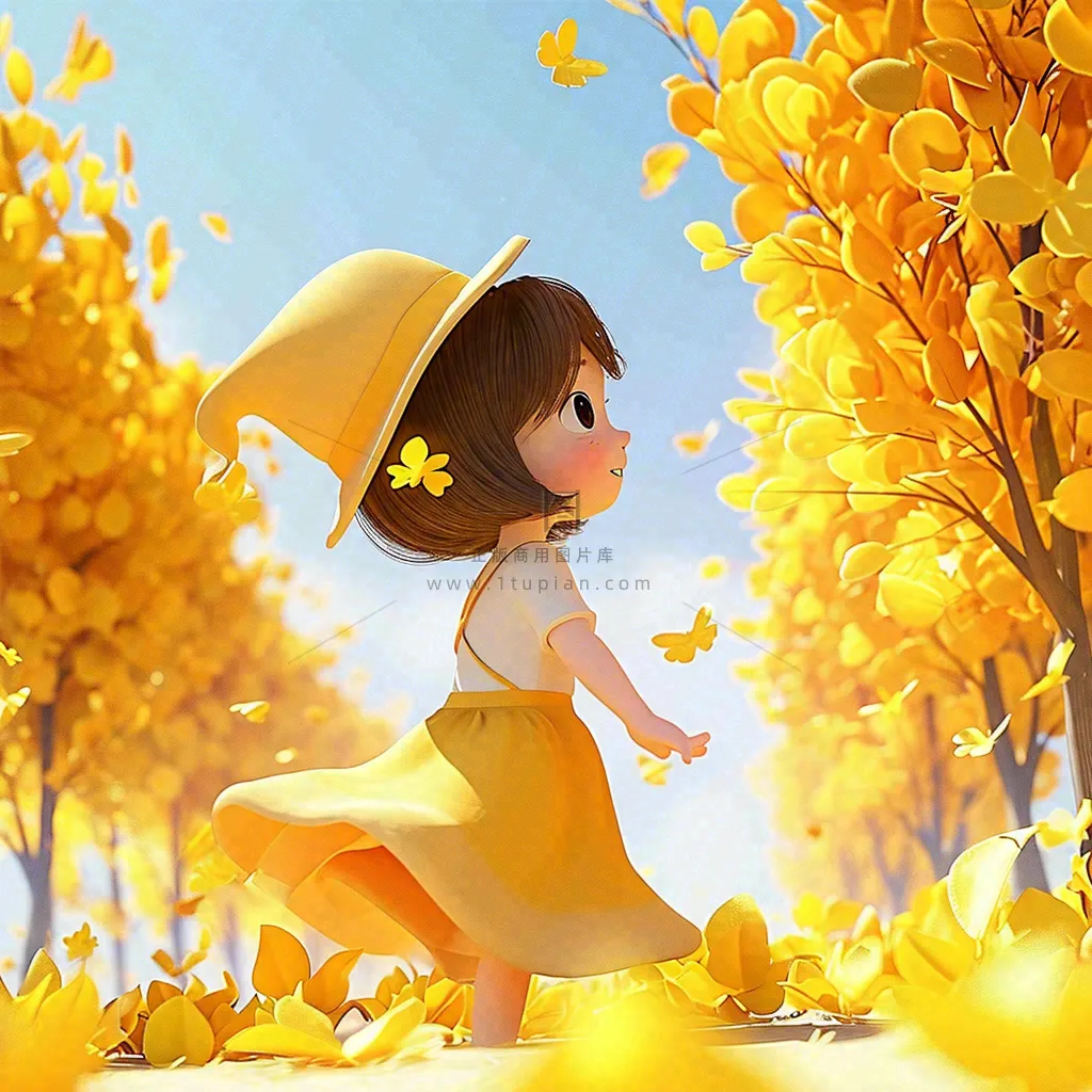 秋天秋叶飘落黄衣少女在欣赏美景，秋分