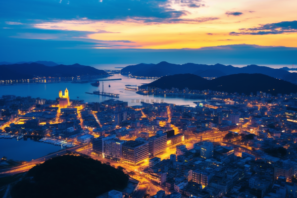 夕阳傍晚下沿海城市灯火车水马繁华龙落日余晖摄影图