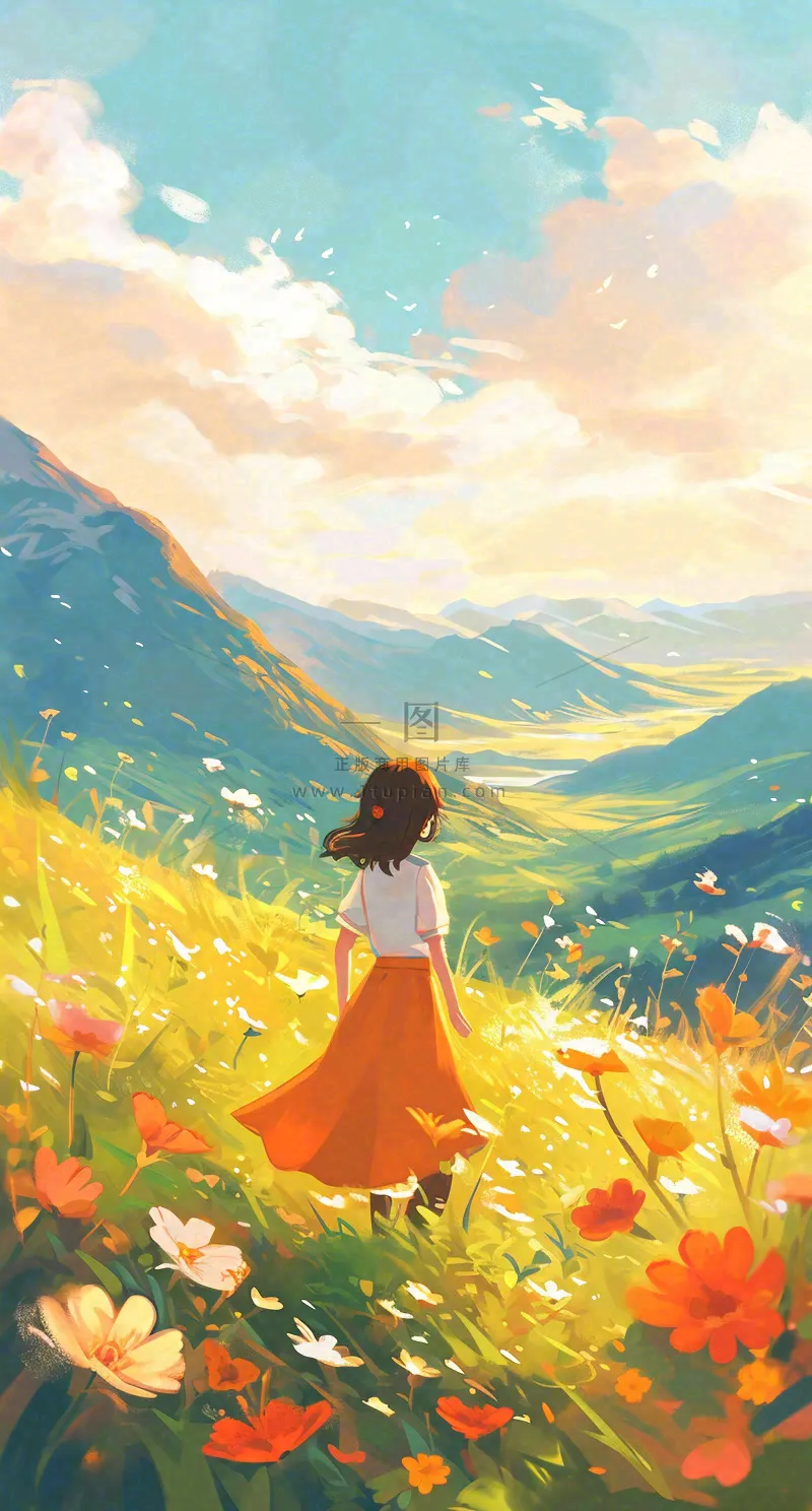 春日浪漫山脉鲜花草坪里的女孩,油画手绘插画,春分