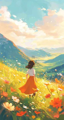 春日浪漫山脉鲜花草坪里的女孩,油画手绘插画,春分 春日浪漫山脉鲜花草坪里的女孩,油画手绘插画,春分