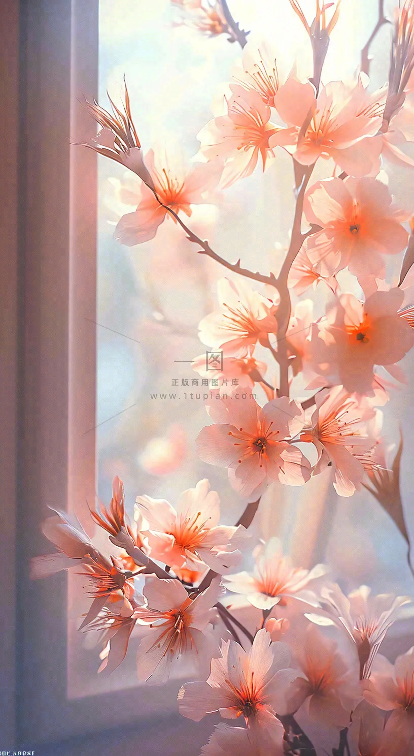 春天窗台粉色渐变鲜花,枝叶