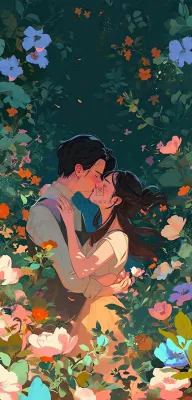 森林花丛里情侣拥抱亲吻爱情手绘插画，情人节