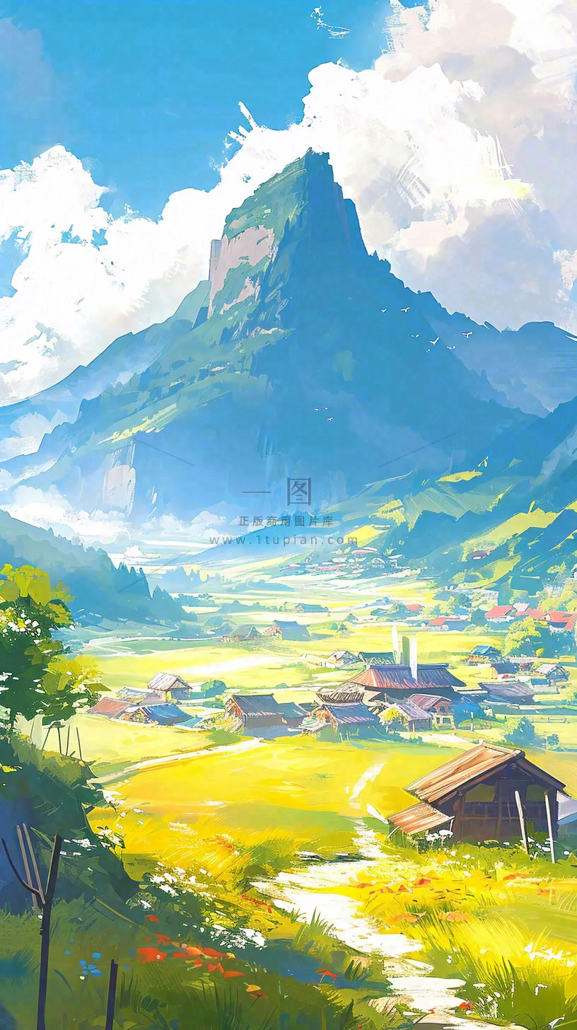阳光春天细长流水山脉村庄小屋草坪，春分，旅行露营