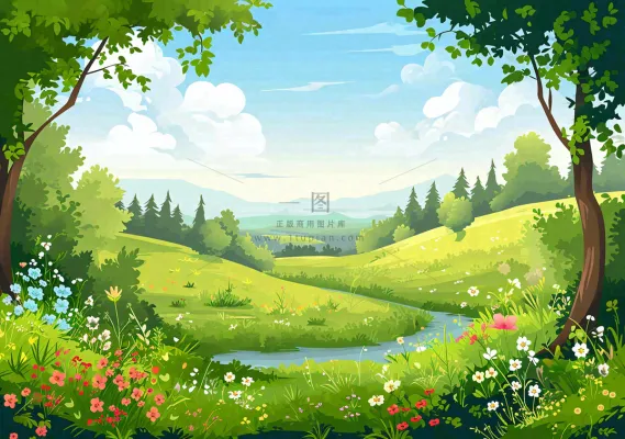 春日旅行草坪草丛花朵河流小溪野外郊游插画,春分 春日旅行草坪草丛花朵河流小溪野外郊游插画,春分