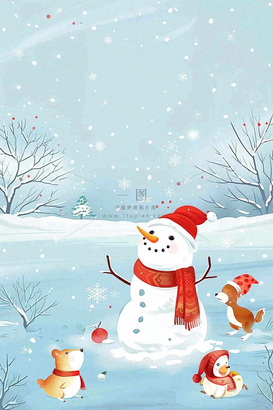 冬天雪地堆雪人动物白雪下雪立冬小雪大雪冬至卡通插画背景