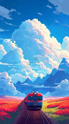 蓝天白云交通高铁铁路火车，草坪鲜花彩色插画