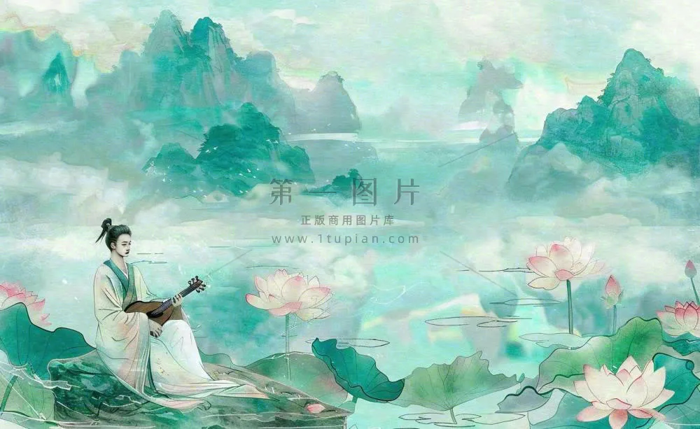 古风屈原人物山水画荷花端午时节中国风水墨插画背景