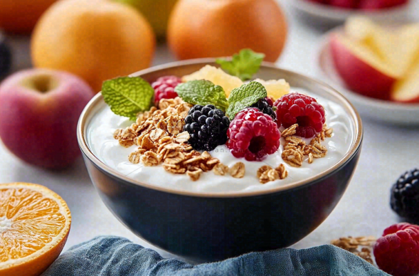 水果燕麦酸奶草莓蓝莓食物饮品摄影图