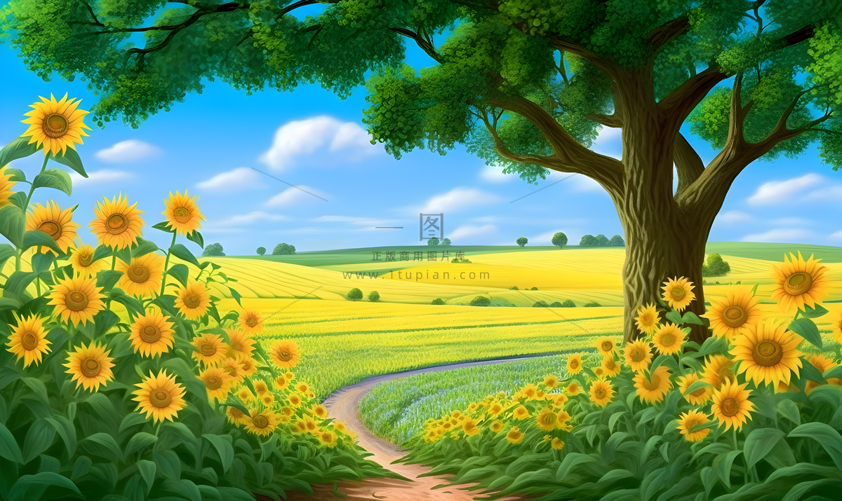 阳光明媚的天气里以树木为背景的向日葵田插画背景