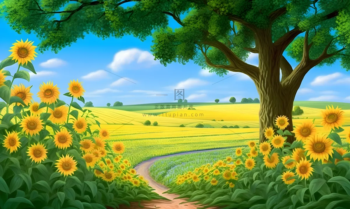 阳光明媚的天气里以树木为背景的向日葵田插画背景