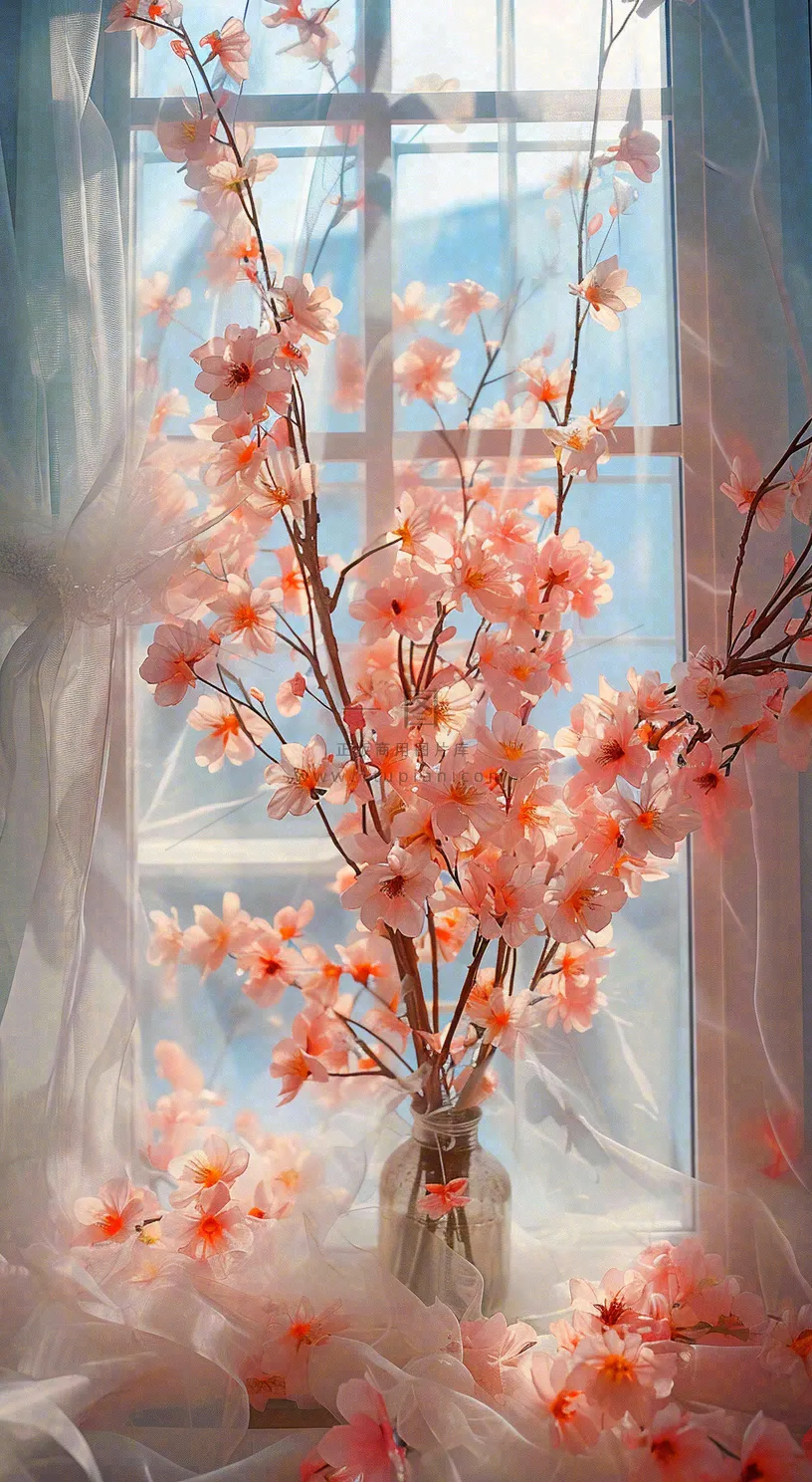 春天窗台花瓶粉色鲜花花束,春分