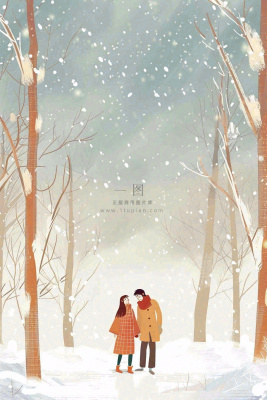 冬天森林里的情侣相拥赏雪白桦树白雪立冬小雪冬至卡通插画背景