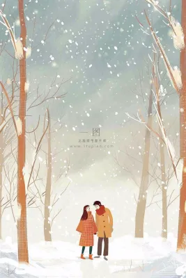 冬天森林里的情侣相拥赏雪白桦树白雪立冬小雪冬至卡通插画背景