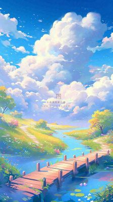 春天草坪河流小溪蓝天白云清新阳光手绘插画，立春春分