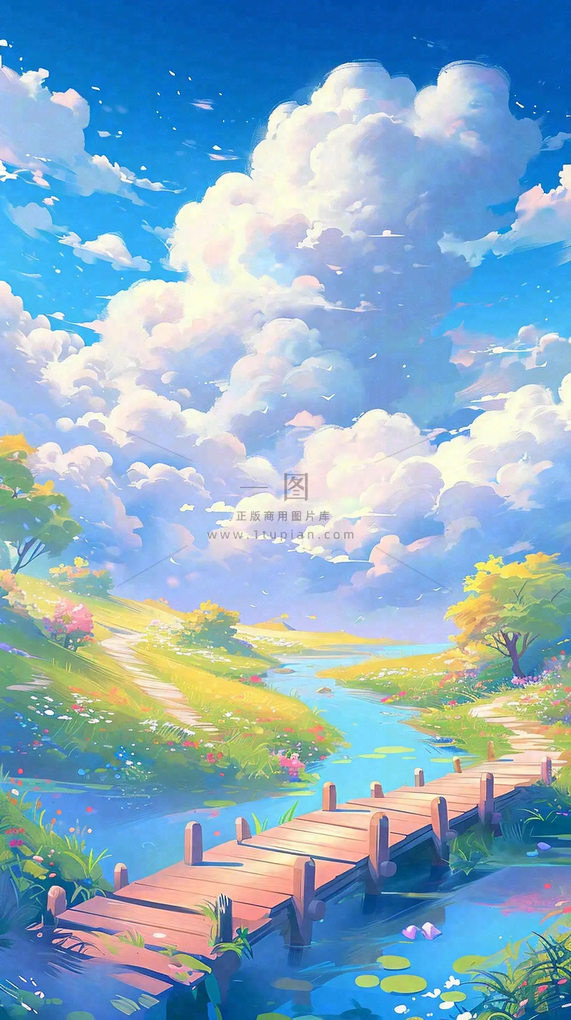 春天草坪河流小溪蓝天白云清新阳光手绘插画,立春春分