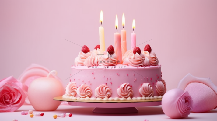 粉色生日蛋糕梦幻甜点摄影图
