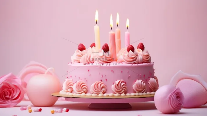 粉色生日蛋糕梦幻甜点摄影图