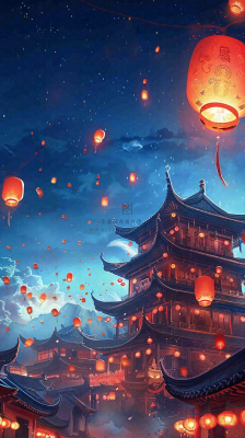 夜晚点灯孔明灯祈福中元节寒衣节插画背景 夜晚点灯孔明灯祈福中元节寒衣节插画背景