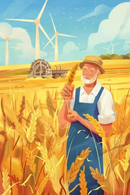 秋天农民伯伯秋收小麦丰收粮食金黄风车芒种立秋秋分卡通插画背景