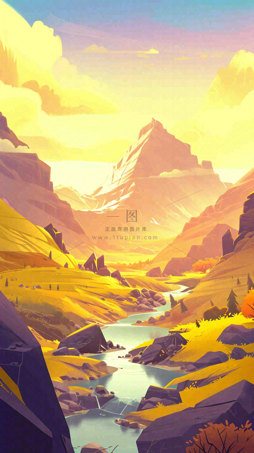 落日山脉河流小溪扁平手绘插画,旅行游玩登山郊游